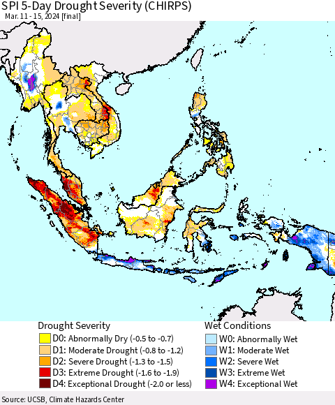 South East Asia SPI 5-Day Drought Severity (CHIRPS) Thematic Map For 3/11/2024 - 3/15/2024