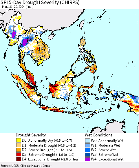 South East Asia SPI 5-Day Drought Severity (CHIRPS) Thematic Map For 3/16/2024 - 3/20/2024