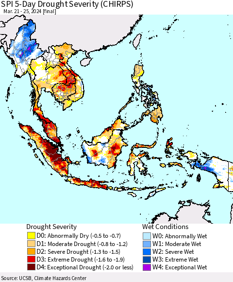 South East Asia SPI 5-Day Drought Severity (CHIRPS) Thematic Map For 3/21/2024 - 3/25/2024