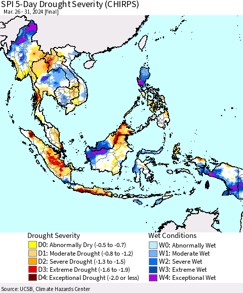 South East Asia SPI 5-Day Drought Severity (CHIRPS) Thematic Map For 3/26/2024 - 3/31/2024