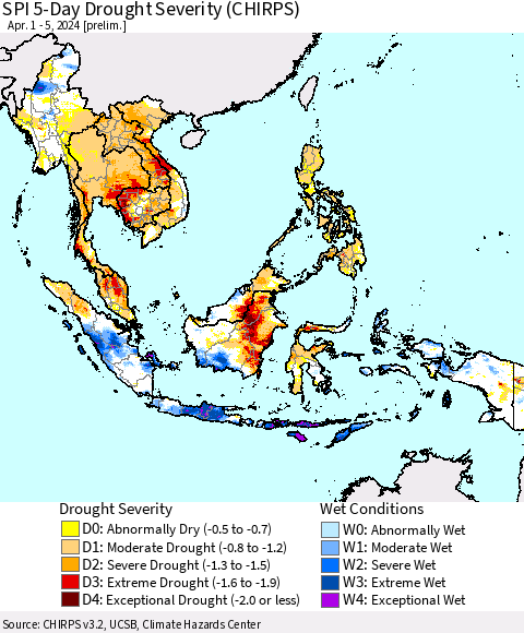 South East Asia SPI 5-Day Drought Severity (CHIRPS) Thematic Map For 4/1/2024 - 4/5/2024