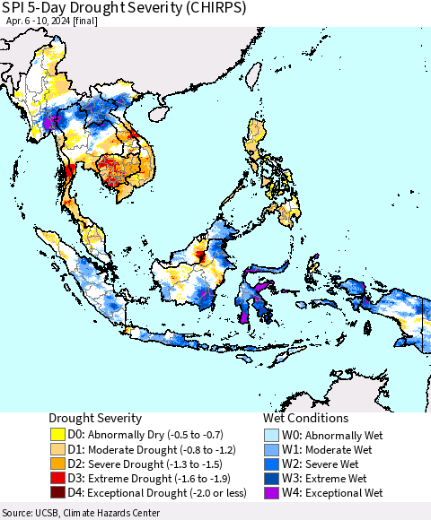 South East Asia SPI 5-Day Drought Severity (CHIRPS) Thematic Map For 4/6/2024 - 4/10/2024