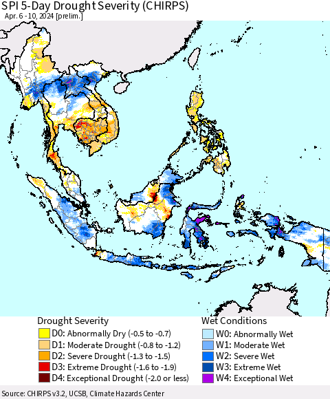 South East Asia SPI 5-Day Drought Severity (CHIRPS) Thematic Map For 4/6/2024 - 4/10/2024