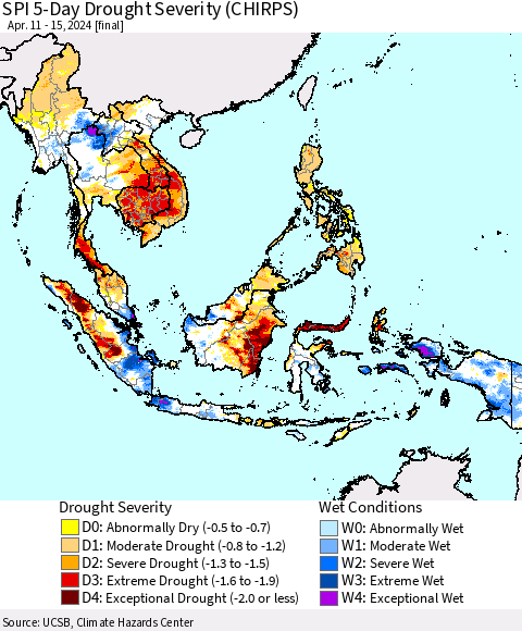 South East Asia SPI 5-Day Drought Severity (CHIRPS) Thematic Map For 4/11/2024 - 4/15/2024