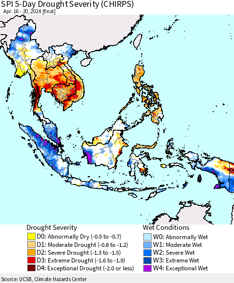 South East Asia SPI 5-Day Drought Severity (CHIRPS) Thematic Map For 4/16/2024 - 4/20/2024