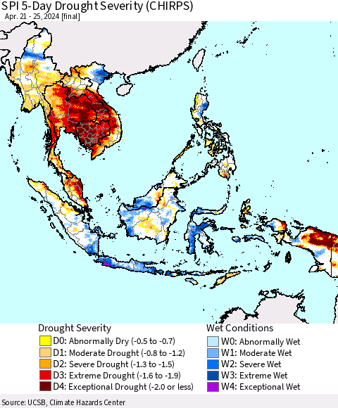 South East Asia SPI 5-Day Drought Severity (CHIRPS) Thematic Map For 4/21/2024 - 4/25/2024
