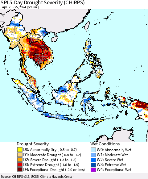 South East Asia SPI 5-Day Drought Severity (CHIRPS) Thematic Map For 4/21/2024 - 4/25/2024