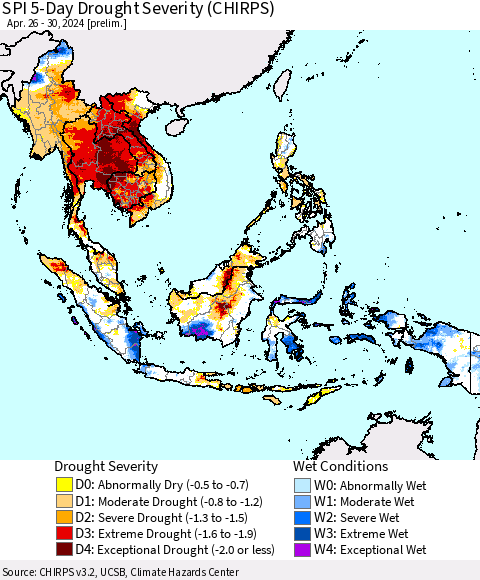 South East Asia SPI 5-Day Drought Severity (CHIRPS) Thematic Map For 4/26/2024 - 4/30/2024