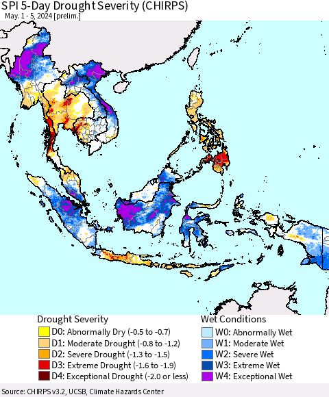 South East Asia SPI 5-Day Drought Severity (CHIRPS) Thematic Map For 5/1/2024 - 5/5/2024