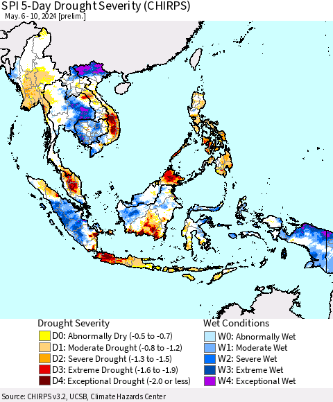 South East Asia SPI 5-Day Drought Severity (CHIRPS) Thematic Map For 5/6/2024 - 5/10/2024