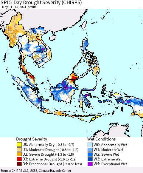 South East Asia SPI 5-Day Drought Severity (CHIRPS) Thematic Map For 5/11/2024 - 5/15/2024