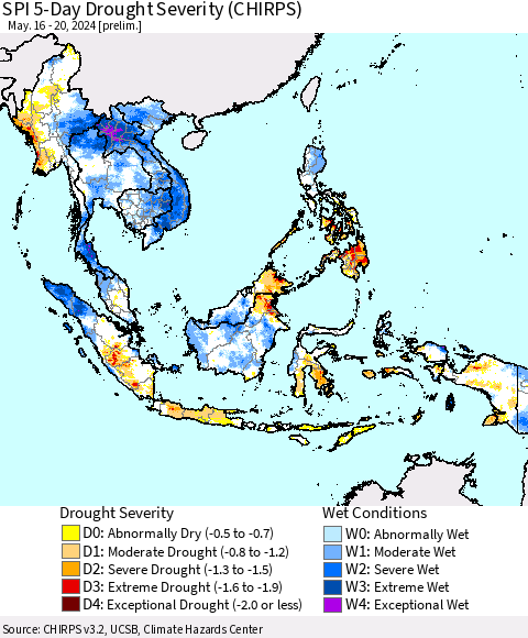 South East Asia SPI 5-Day Drought Severity (CHIRPS) Thematic Map For 5/16/2024 - 5/20/2024