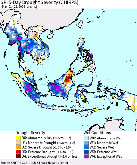 South East Asia SPI 5-Day Drought Severity (CHIRPS) Thematic Map For 5/21/2024 - 5/25/2024