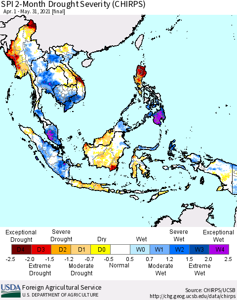 South East Asia SPI 2-Month Drought Severity (CHIRPS) Thematic Map For 4/1/2021 - 5/31/2021