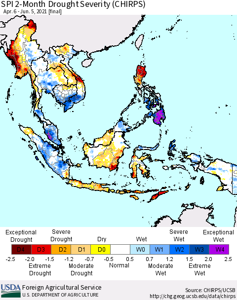 South East Asia SPI 2-Month Drought Severity (CHIRPS) Thematic Map For 4/6/2021 - 6/5/2021