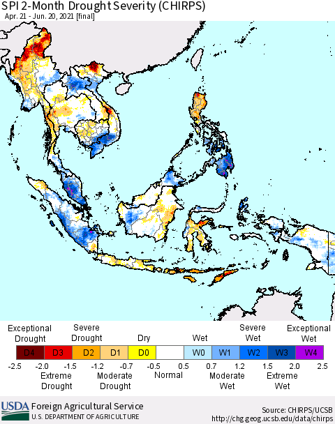 South East Asia SPI 2-Month Drought Severity (CHIRPS) Thematic Map For 4/21/2021 - 6/20/2021