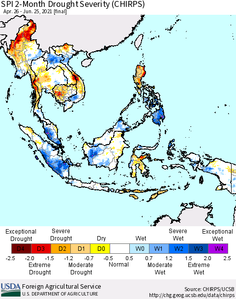 South East Asia SPI 2-Month Drought Severity (CHIRPS) Thematic Map For 4/26/2021 - 6/25/2021