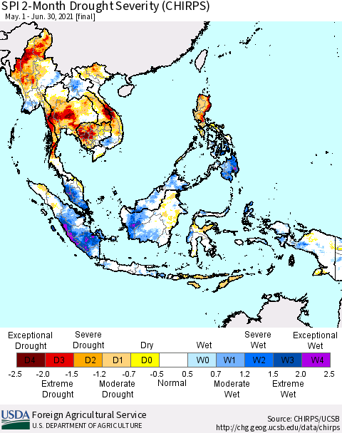 South East Asia SPI 2-Month Drought Severity (CHIRPS) Thematic Map For 5/1/2021 - 6/30/2021