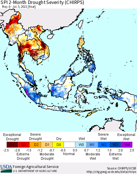 South East Asia SPI 2-Month Drought Severity (CHIRPS) Thematic Map For 5/6/2021 - 7/5/2021