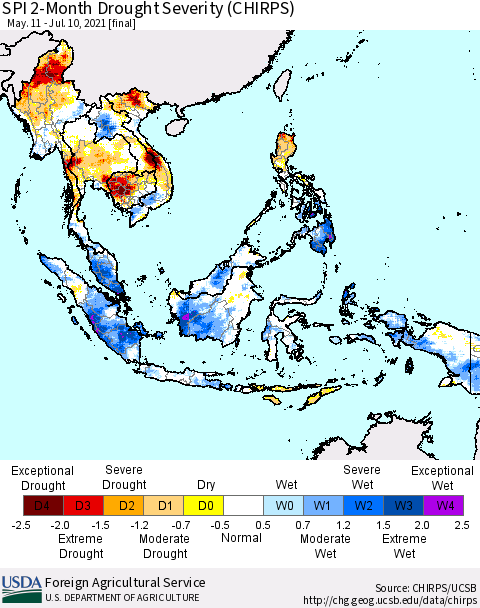 South East Asia SPI 2-Month Drought Severity (CHIRPS) Thematic Map For 5/11/2021 - 7/10/2021