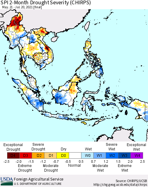 South East Asia SPI 2-Month Drought Severity (CHIRPS) Thematic Map For 5/21/2021 - 7/20/2021