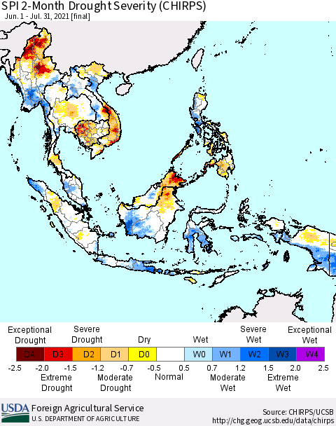 South East Asia SPI 2-Month Drought Severity (CHIRPS) Thematic Map For 6/1/2021 - 7/31/2021
