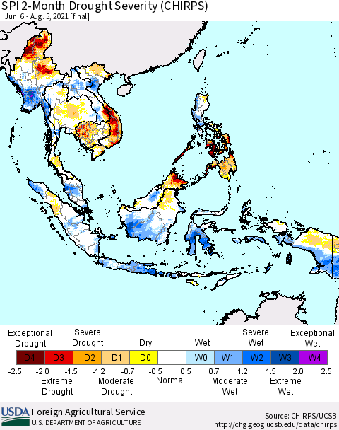 South East Asia SPI 2-Month Drought Severity (CHIRPS) Thematic Map For 6/6/2021 - 8/5/2021
