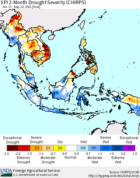 South East Asia SPI 2-Month Drought Severity (CHIRPS) Thematic Map For 6/11/2021 - 8/10/2021