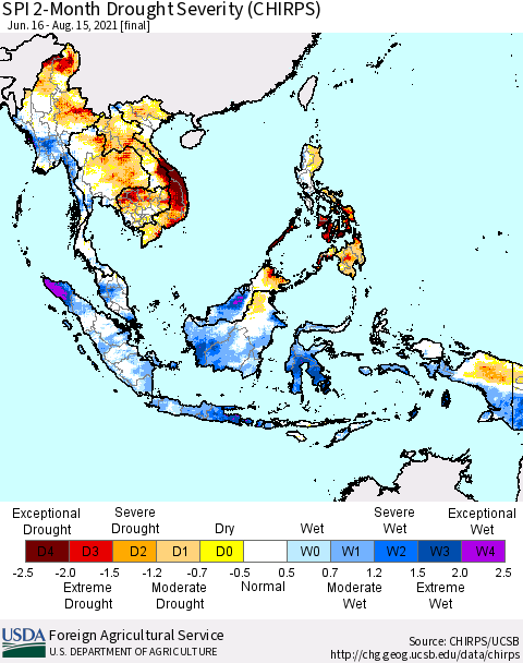 South East Asia SPI 2-Month Drought Severity (CHIRPS) Thematic Map For 6/16/2021 - 8/15/2021