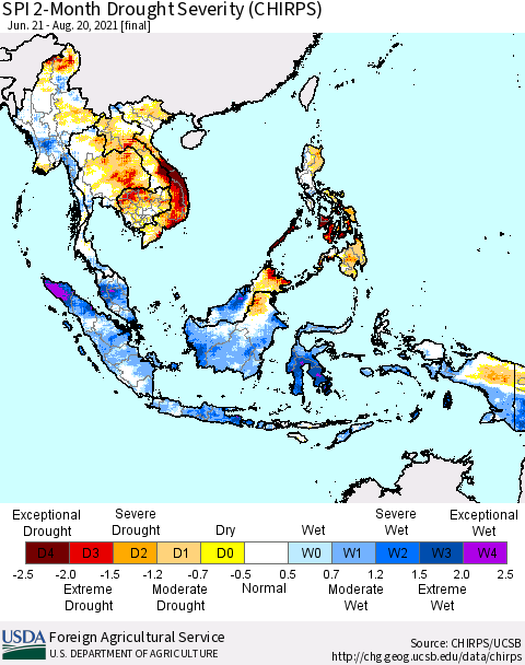 South East Asia SPI 2-Month Drought Severity (CHIRPS) Thematic Map For 6/21/2021 - 8/20/2021
