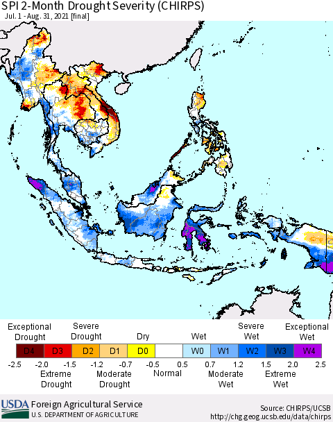 South East Asia SPI 2-Month Drought Severity (CHIRPS) Thematic Map For 7/1/2021 - 8/31/2021
