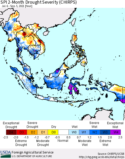 South East Asia SPI 2-Month Drought Severity (CHIRPS) Thematic Map For 7/6/2021 - 9/5/2021