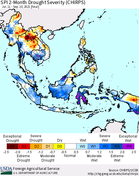 South East Asia SPI 2-Month Drought Severity (CHIRPS) Thematic Map For 7/11/2021 - 9/10/2021