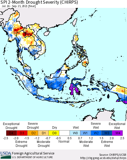 South East Asia SPI 2-Month Drought Severity (CHIRPS) Thematic Map For 7/16/2021 - 9/15/2021