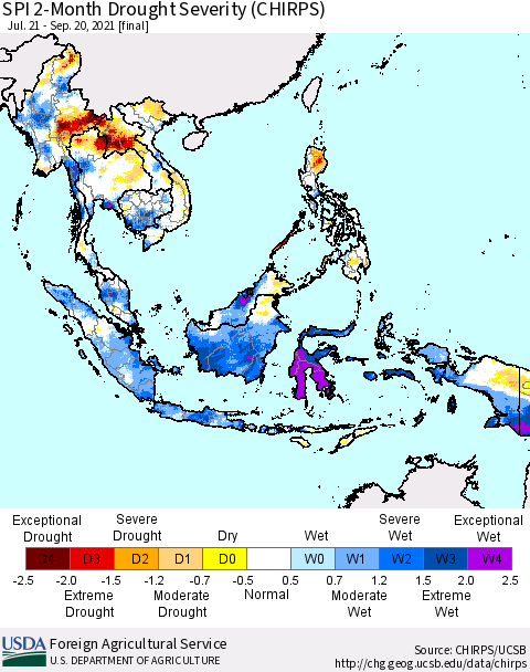 South East Asia SPI 2-Month Drought Severity (CHIRPS) Thematic Map For 7/21/2021 - 9/20/2021