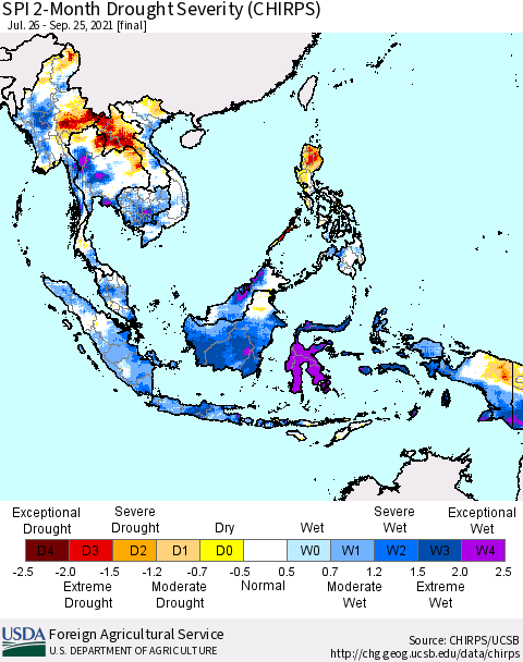 South East Asia SPI 2-Month Drought Severity (CHIRPS) Thematic Map For 7/26/2021 - 9/25/2021
