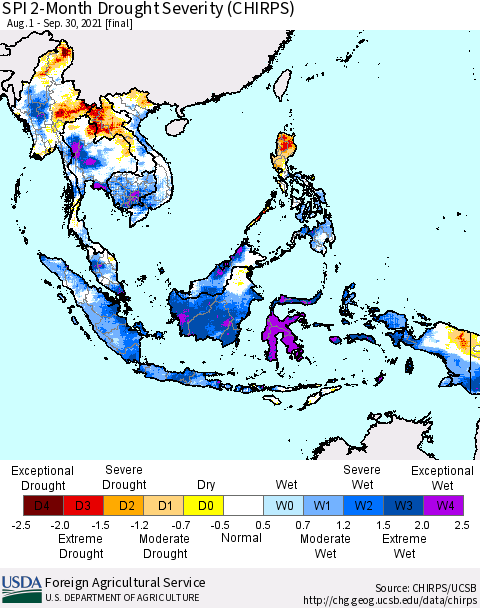 South East Asia SPI 2-Month Drought Severity (CHIRPS) Thematic Map For 8/1/2021 - 9/30/2021