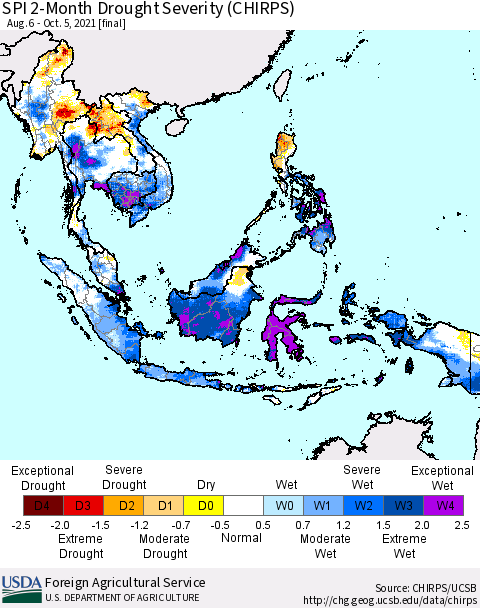 South East Asia SPI 2-Month Drought Severity (CHIRPS) Thematic Map For 8/6/2021 - 10/5/2021