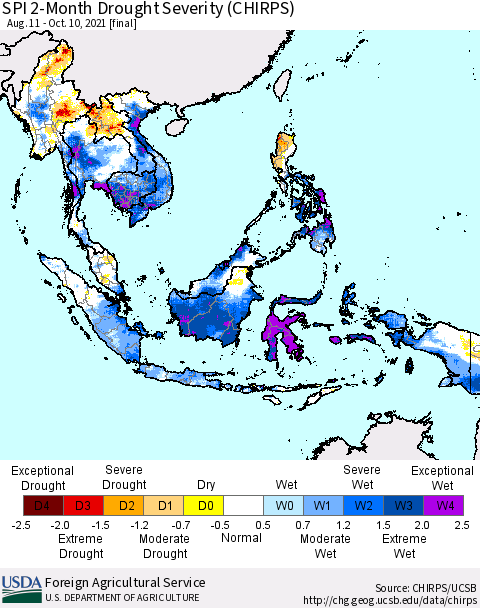 South East Asia SPI 2-Month Drought Severity (CHIRPS) Thematic Map For 8/11/2021 - 10/10/2021