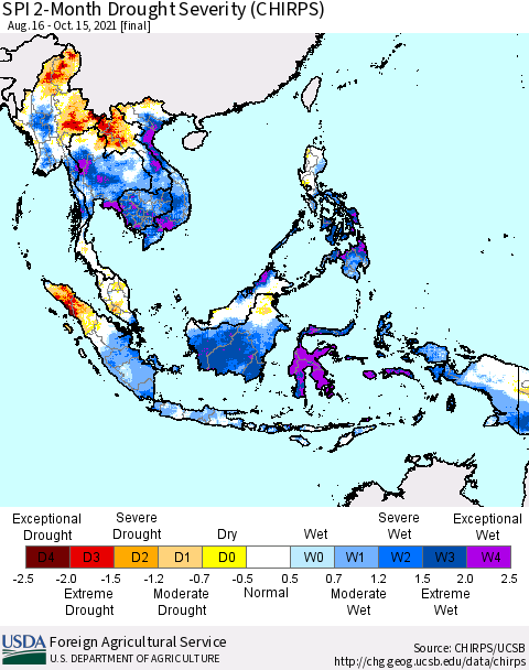South East Asia SPI 2-Month Drought Severity (CHIRPS) Thematic Map For 8/16/2021 - 10/15/2021