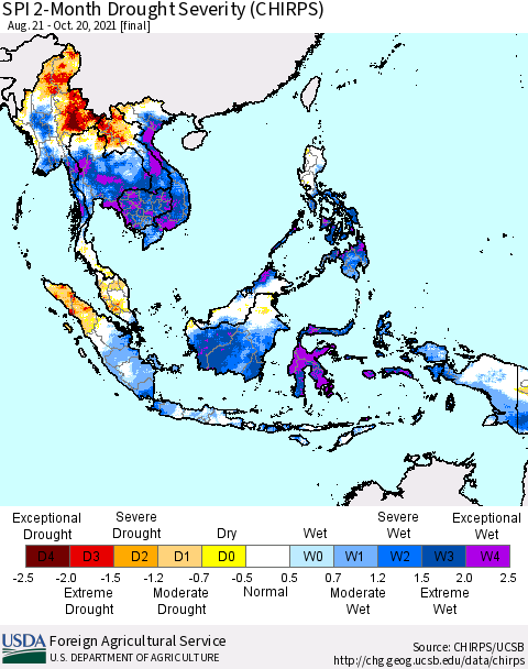 South East Asia SPI 2-Month Drought Severity (CHIRPS) Thematic Map For 8/21/2021 - 10/20/2021