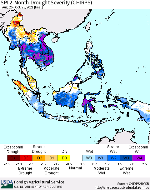 South East Asia SPI 2-Month Drought Severity (CHIRPS) Thematic Map For 8/26/2021 - 10/25/2021
