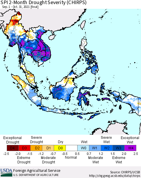 South East Asia SPI 2-Month Drought Severity (CHIRPS) Thematic Map For 9/1/2021 - 10/31/2021