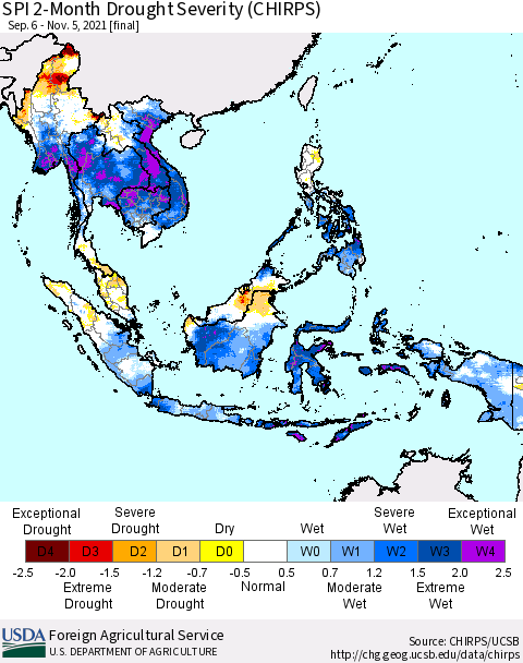 South East Asia SPI 2-Month Drought Severity (CHIRPS) Thematic Map For 9/6/2021 - 11/5/2021