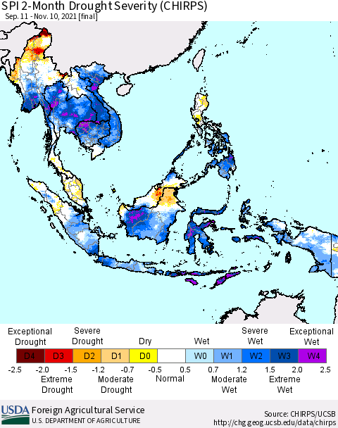 South East Asia SPI 2-Month Drought Severity (CHIRPS) Thematic Map For 9/11/2021 - 11/10/2021