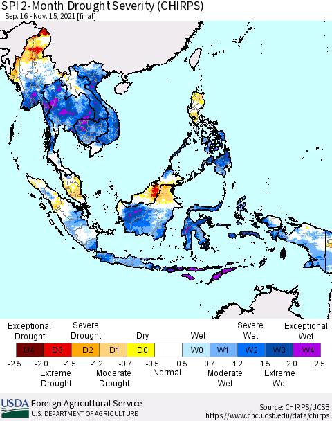 South East Asia SPI 2-Month Drought Severity (CHIRPS) Thematic Map For 9/16/2021 - 11/15/2021