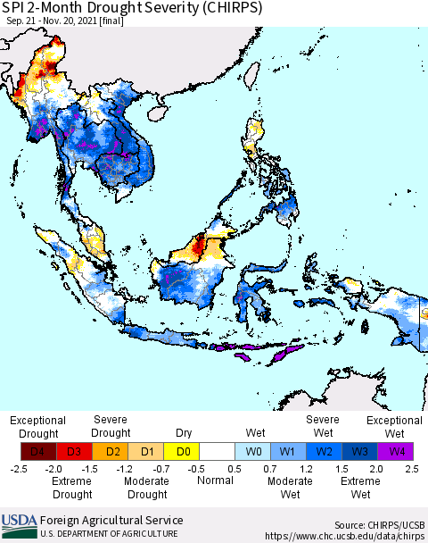 South East Asia SPI 2-Month Drought Severity (CHIRPS) Thematic Map For 9/21/2021 - 11/20/2021
