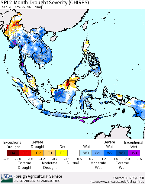 South East Asia SPI 2-Month Drought Severity (CHIRPS) Thematic Map For 9/26/2021 - 11/25/2021