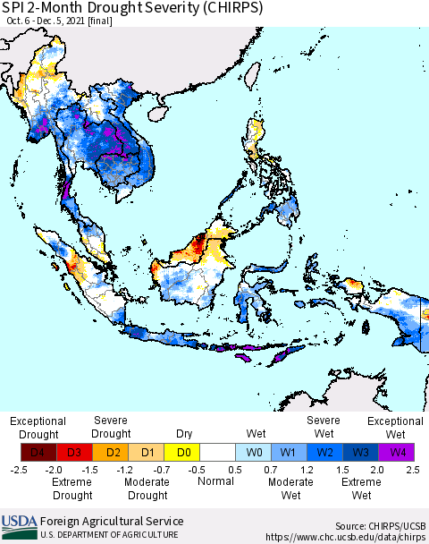 South East Asia SPI 2-Month Drought Severity (CHIRPS) Thematic Map For 10/6/2021 - 12/5/2021