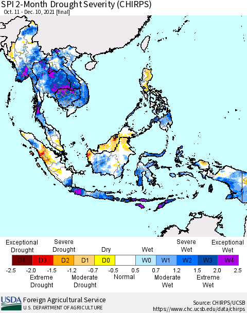 South East Asia SPI 2-Month Drought Severity (CHIRPS) Thematic Map For 10/11/2021 - 12/10/2021